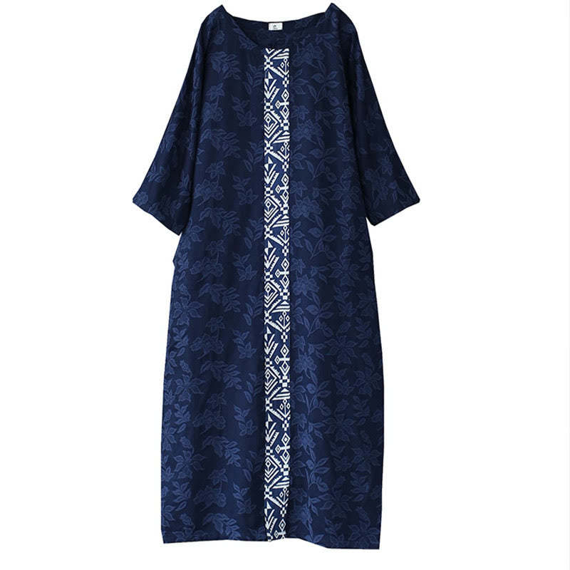 Blue Flowers Embroidery Jacquard Midi Dress Three Quarter Sleeve Cotton Dress With Pockets