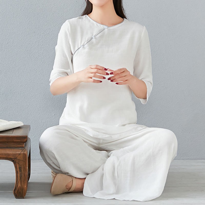 2Pcs Three Quarter Sleeve Long Sleeve Shirt Wide Leg Pants Meditation Cotton Linen Clothing Women's Set