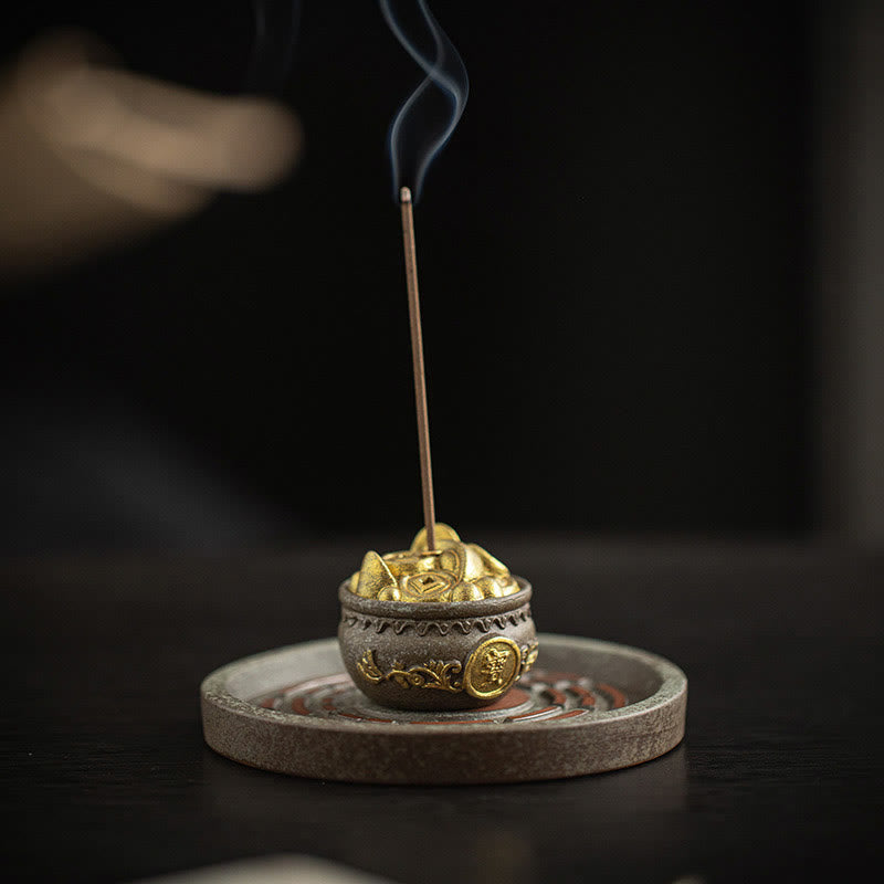 Small Treasure Bowl Lucky Bag Bagua Tray Healing Ceramic Stick Incense Burner Decoration