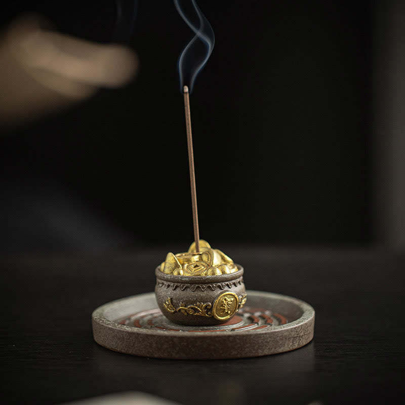 Small Treasure Bowl Lucky Bag Bagua Tray Healing Ceramic Stick Incense Burner Decoration