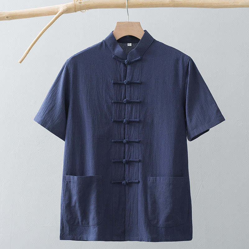 Chinese Frog-Button Tang Suit Men's Short Sleeve Shirt Cotton Linen Clothing With Pockets