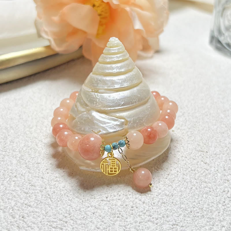 Natural Orange Stone Turquoise Fu Character Charm Luck Fortune Bracelet