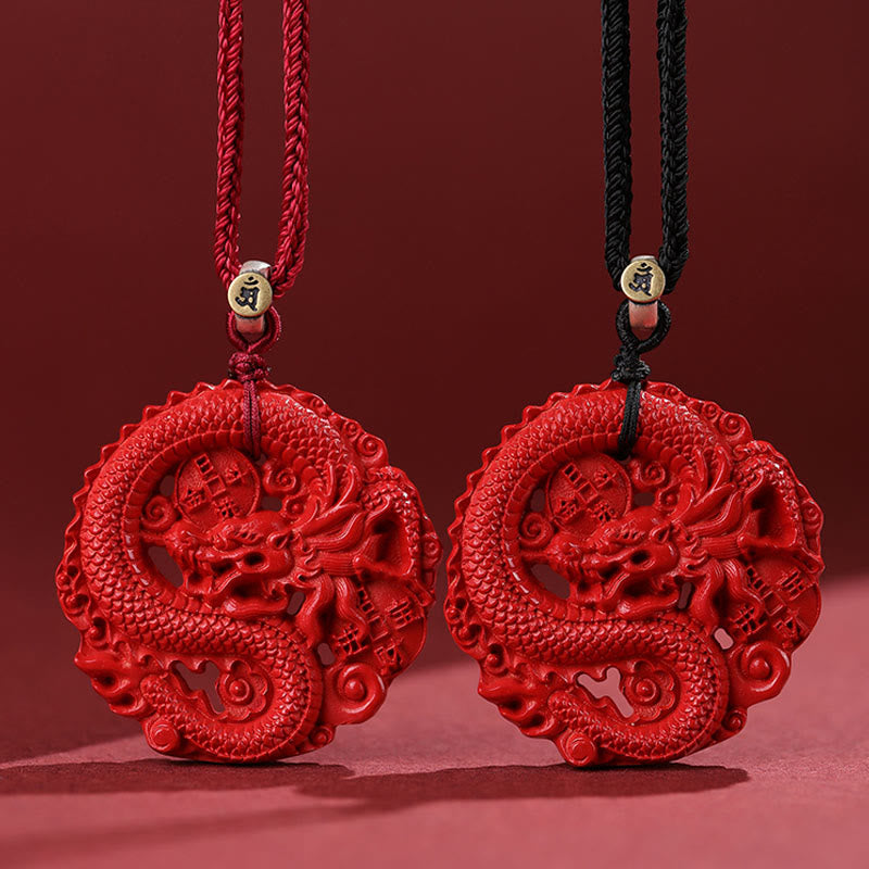 Year of the Dragon 925 Sterling Silver Natural Cinnabar Copper Coin Luck Necklace Pendant