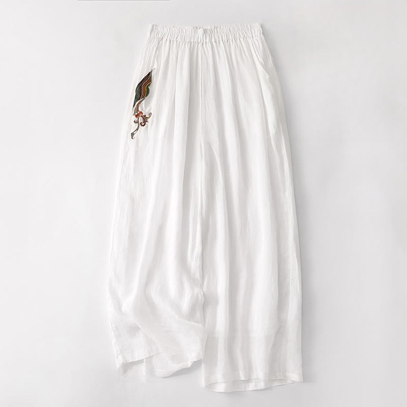 Summer Embroidery Double Layer Cotton Linen Women's Wide Leg Pants With Pockets