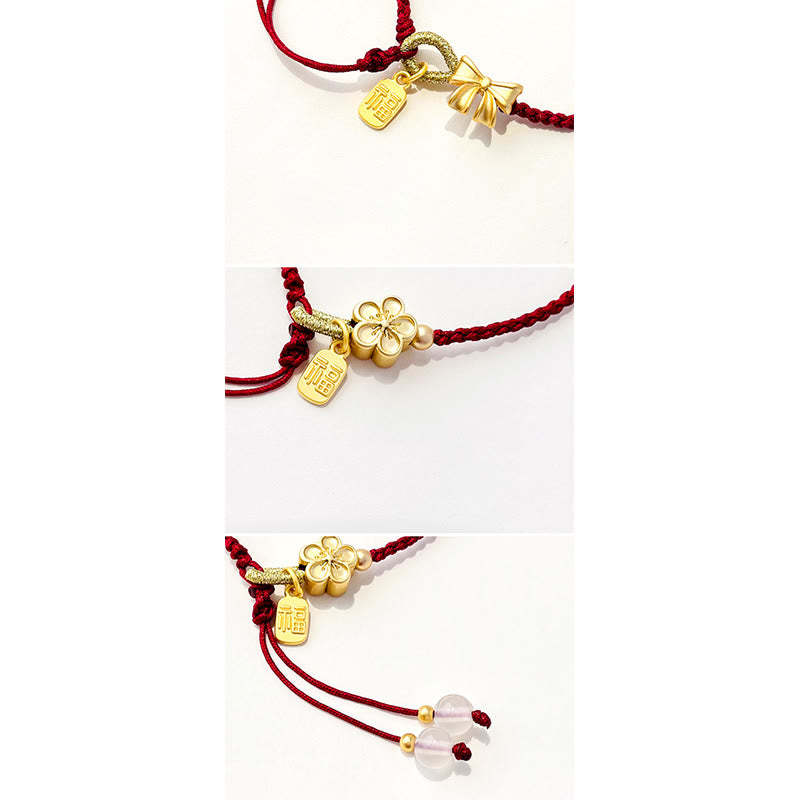Handmade Peach Blossom Rosette Bow Knot Fu Character Charm Luck Fortune Red Rope Bracelet
