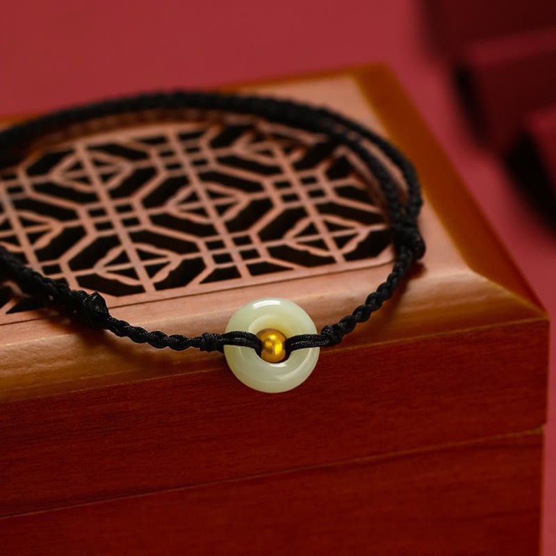 999 Gold Bead Round Peace Buckle Hetian Jade Luck Abundance Braided Bracelet Anklet