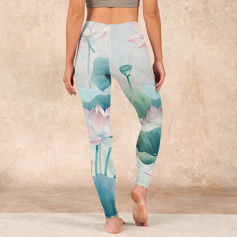 Blooming  White Pink Lotus Leaves Print Gym Leggings Women's Yoga Pants