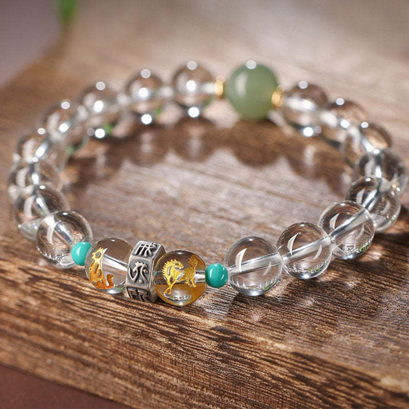 925 Sterling Silver Chinese Zodiac Natal mystic zen Auspicious Groups White Crystal Hetian Jade Healing Bracelet