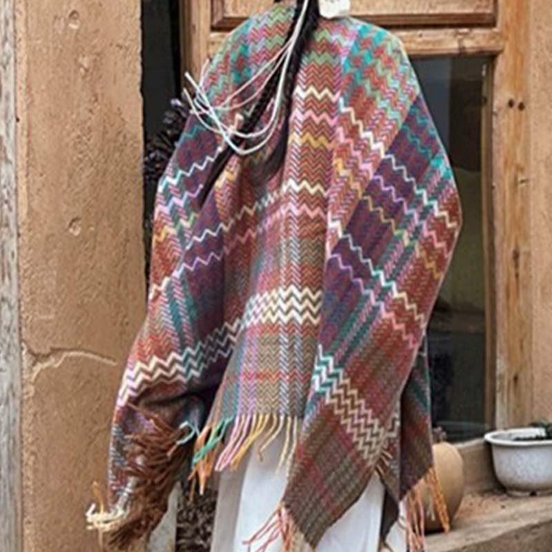Tibetan Shawl Colorful Wavy Striped Shapes Tassels Winter Cozy Travel Scarf Wrap