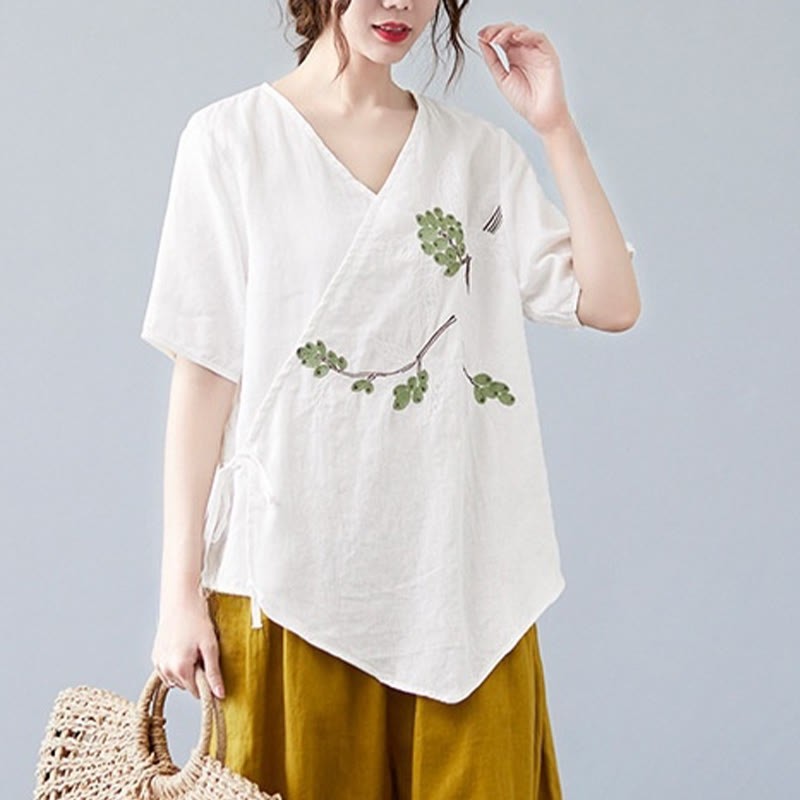 Summer Casual Ethnic Embroidery Flower Lace-up Short Sleeve V-neck Cotton Linen Women's T-Shirt