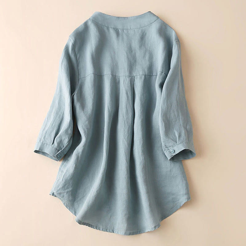 Casual Women's V-neck Three Quarter Sleeve Design Plain Cotton Linen Shirt