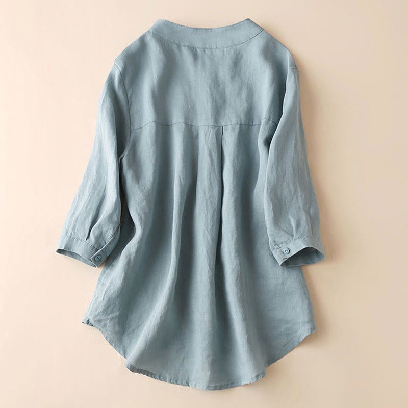 Casual Women's V-neck Three Quarter Sleeve Design Plain Cotton Linen Shirt