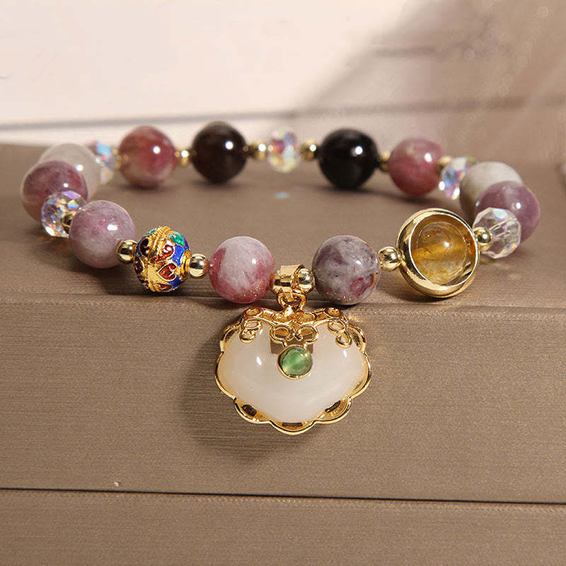 Strawberry Quartz Green Crystal Amethyst Healing Chinese Lock Charm Bracelet