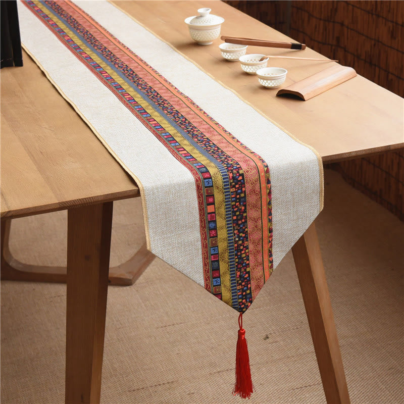 Classic Chinese Style Lotus Koi Fish Flower Crane Calligraphy Enlightenment Cotton Linen Tassels Table Runner
