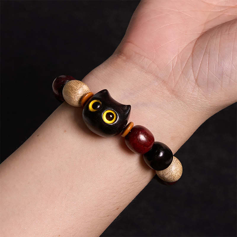 Small Leaf Red Sandalwood Ebony Wood Cute Cat Engraved Protection Bracelet