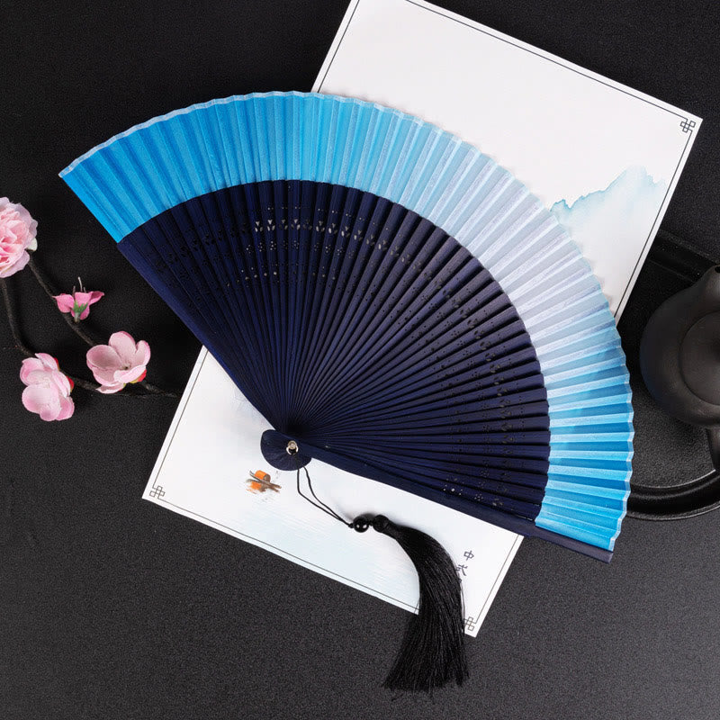 Cranes Auspicious Clouds Solid Color Gradient Handheld Cotton Linen Fabric Bamboo Folding Fan