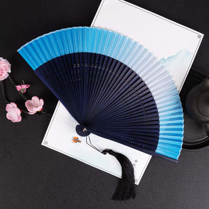 Cranes Auspicious Clouds Solid Color Gradient Handheld Cotton Linen Fabric Bamboo Folding Fan