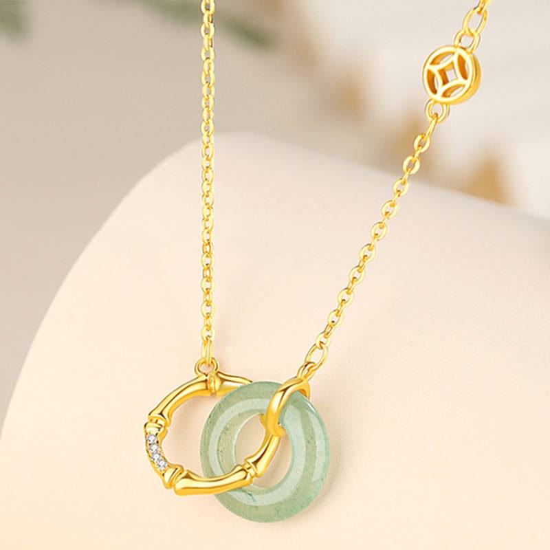 925 Sterling Silver Natural Green Aventurine Peace Buckle Bamboo Coin Prosperity Necklace Pendant