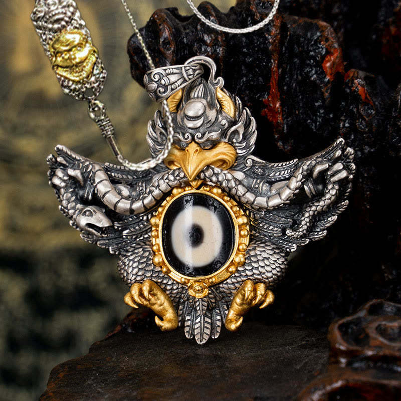 925 Sterling Silver Tibet Garuda Bird Dzi Bead Protection Necklace Pendant