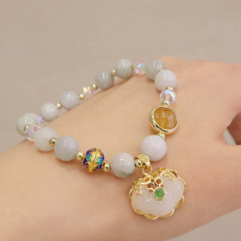 Strawberry Quartz Green Crystal Amethyst Healing Chinese Lock Charm Bracelet