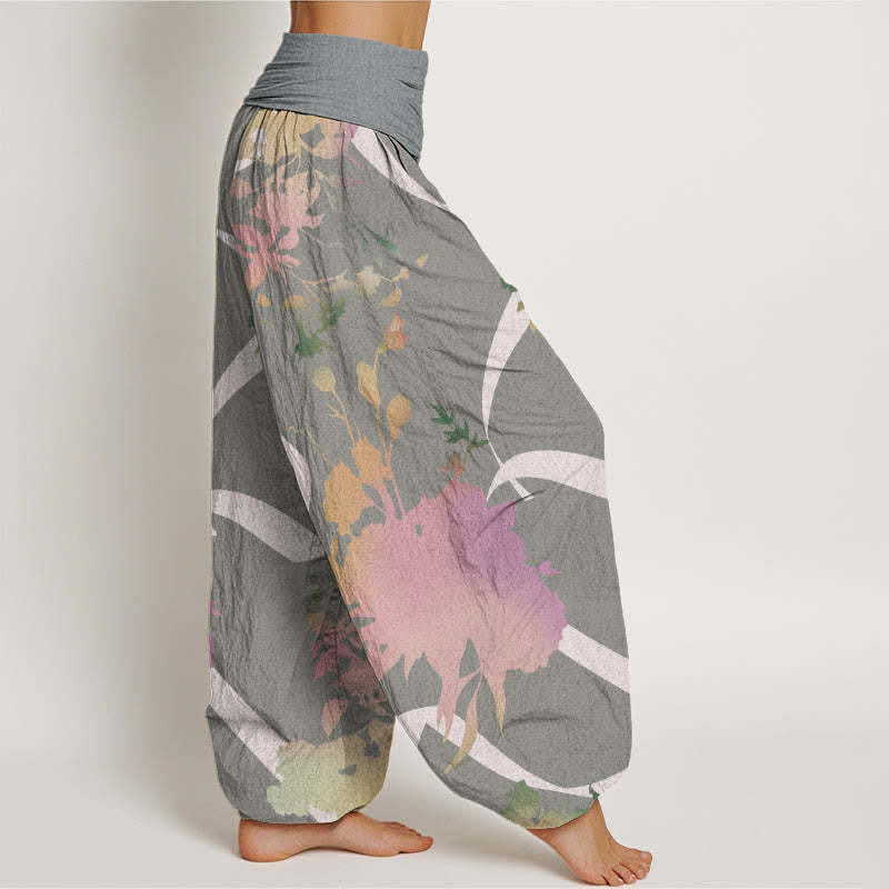 Abstract Floral Paintings Ribbon Design Women's Elastic Waist Harem Pants