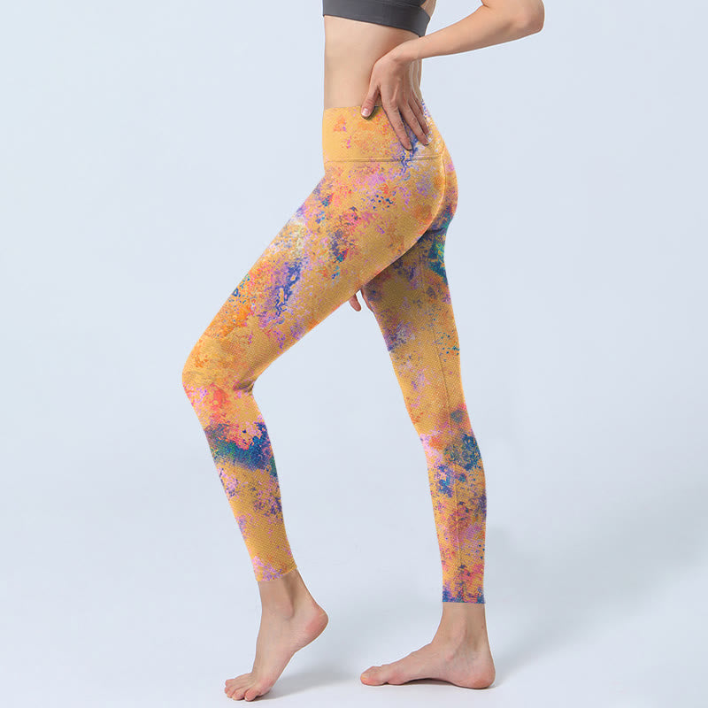 Bright Yellow Abstract Watercolor Pattern Print Gym Leggings Women's Yoga Pants