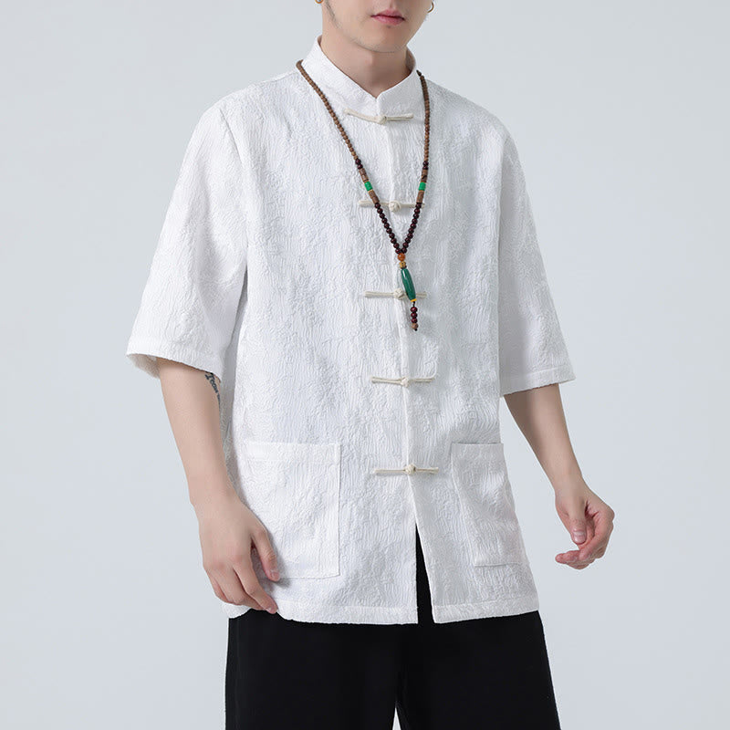 Solid Color Jacquard Frog-button Chinese Half Sleeve Shirt Men T-shirt