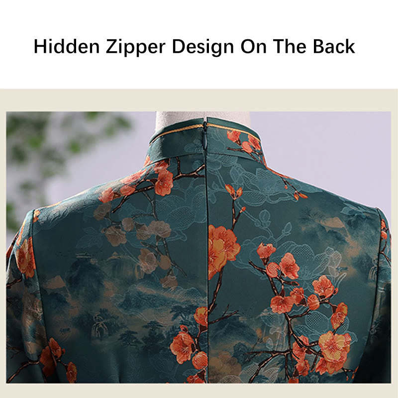 Retro Flower Lotus Peony Feather Print Qipao Dress Women's Cheongsam Dress