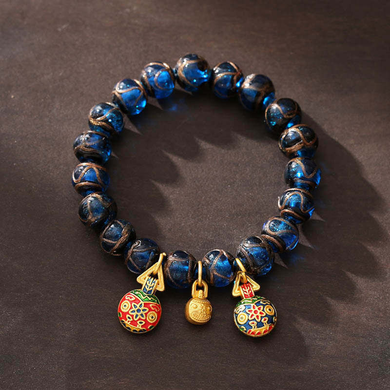 Gold Swallowing Beast Luck Charm Blue Liuli Glass Bead Fortune Bracelet