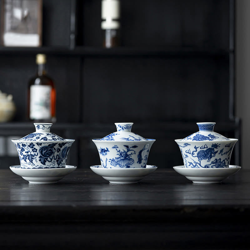 Blue And White Porcelain Lotus Koi Fish Lion Dance Watermelon Ceramic Gaiwan Sancai Teacup Kung Fu Tea Cup And Saucer With Lid 300ml