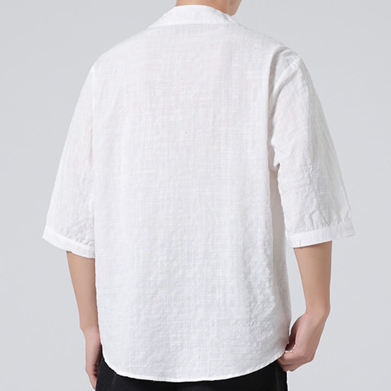 Frog-Button Plaid Pattern Chinese Tang Suit Half Sleeve Shirt Cotton Linen Men Clothing