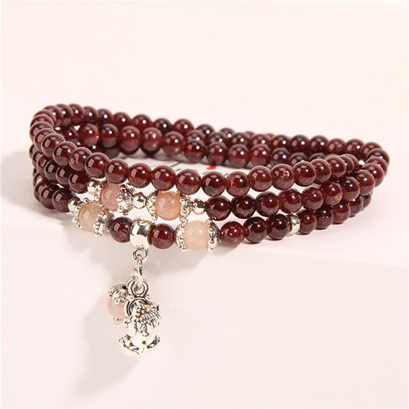 Natural Garnet Strawberry Quartz Green Beans PiXiu Protection Triple Wrap Bracelet