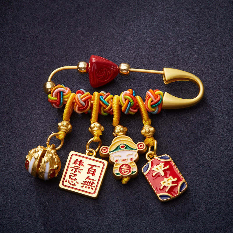 Cinnabar Zongzi Fu Character Caishen God of Wealth Safe And Well Copper Blessing Brooch