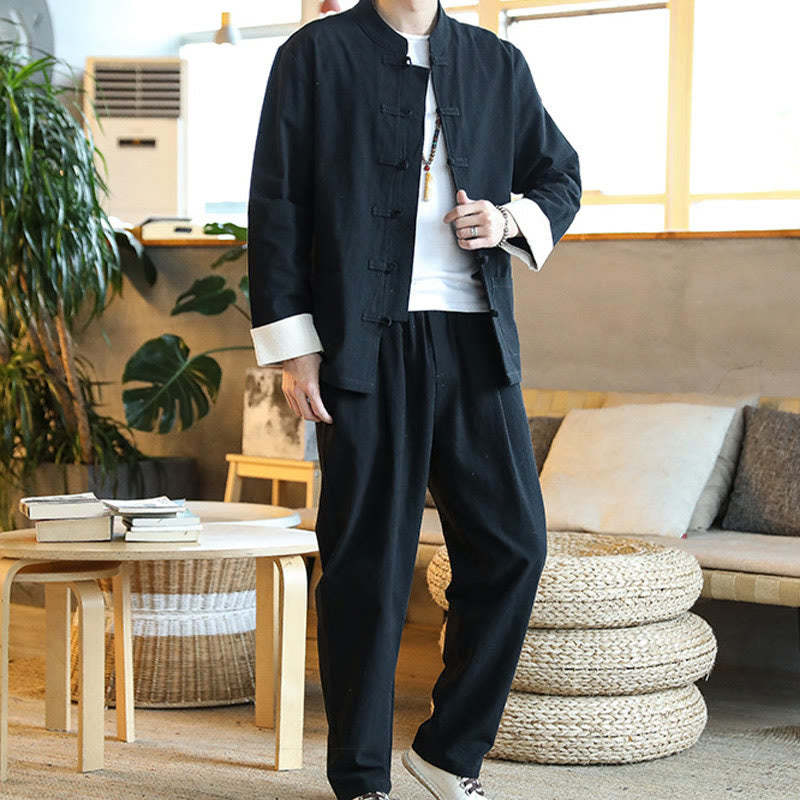 2Pcs Zen Tang Suit Men's Frog-Button Long Sleeve Shirt Pants Set With Pockets