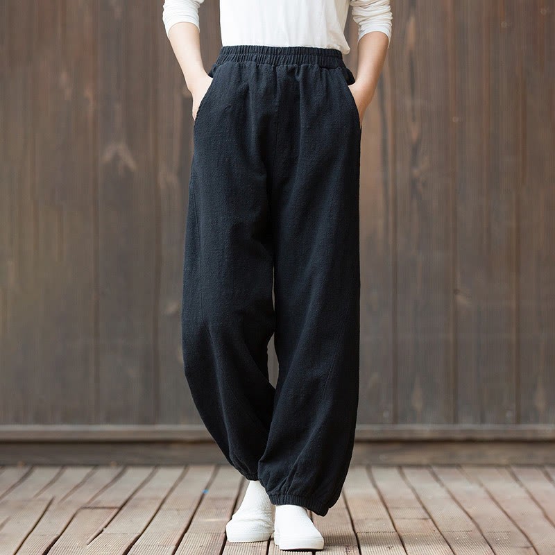 Casual Solid Plain Color Carrot Elastic Waistband Cotton Ramie Women's Pants With Pockets