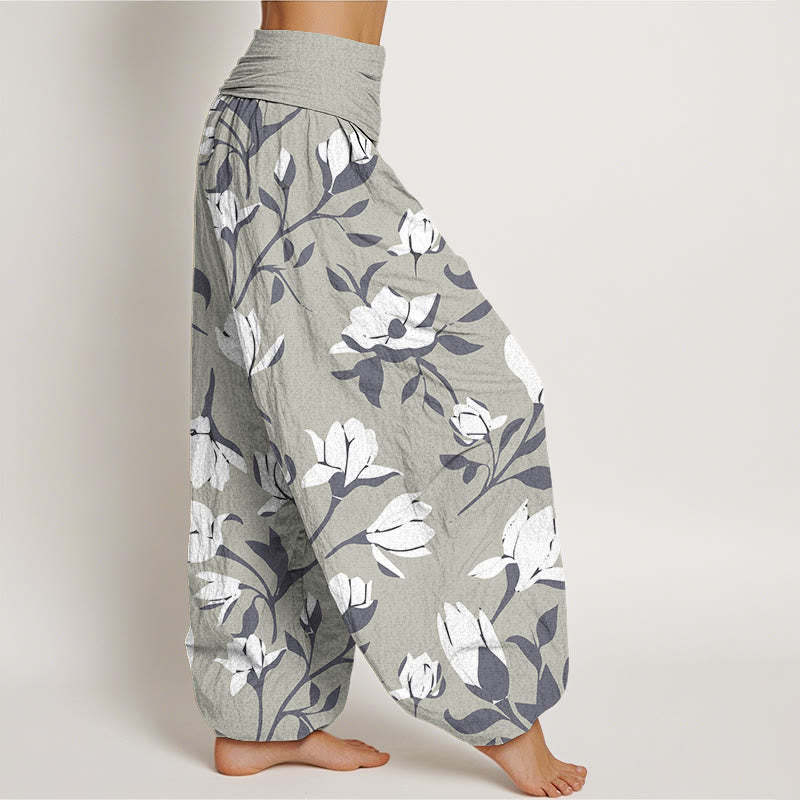 Retro Magnolia Flowers Women's Elastic Waist Harem Pants