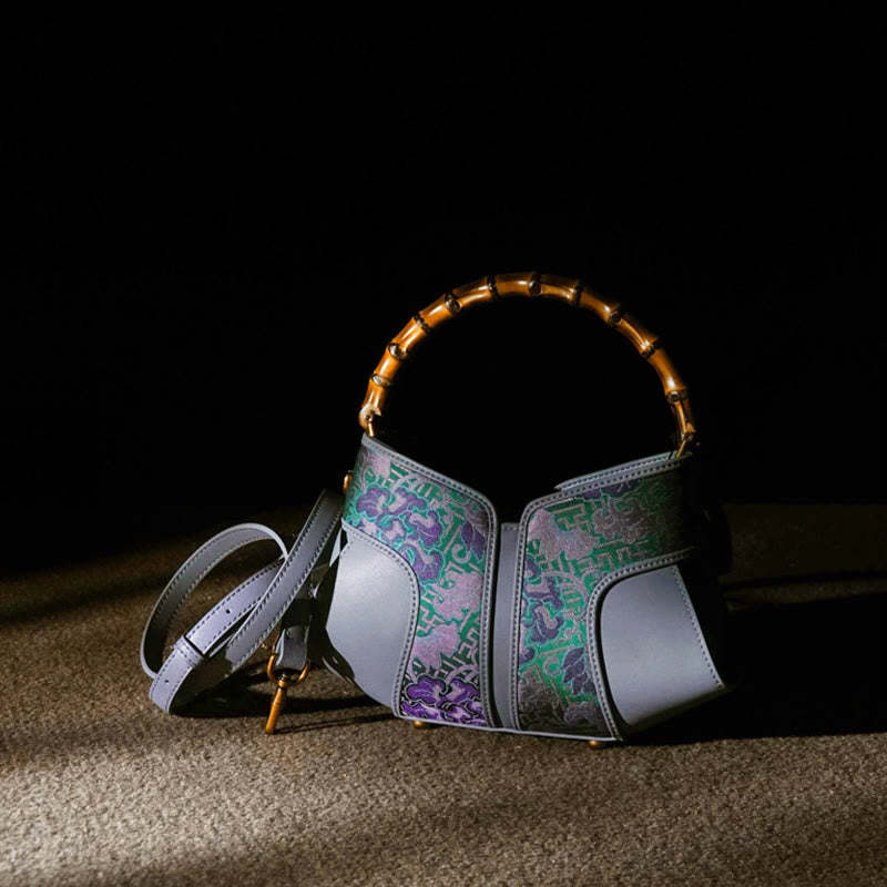 Retro Peony Branches Bamboo Handle Song Brocade Xiangyunsha Silk Crossbody Bag Hangbags