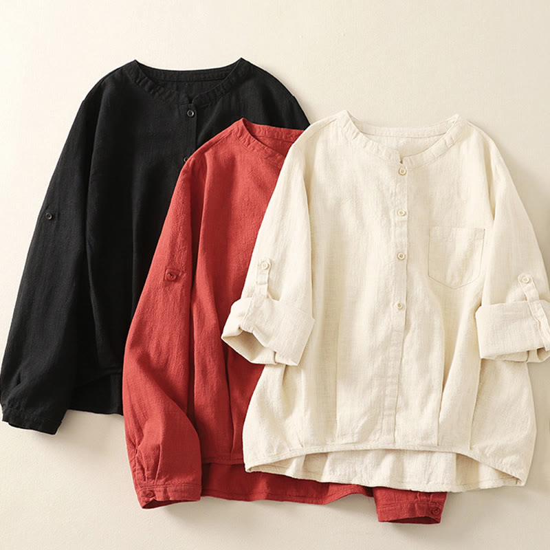 Casual Women's Loose Standing Collar Long Sleeve Design Plain Cotton Linen Shirt