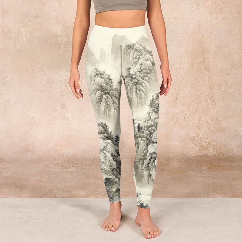 Mountain Tree River Scenery Print Sports Leggings Women's Yoga Pants
