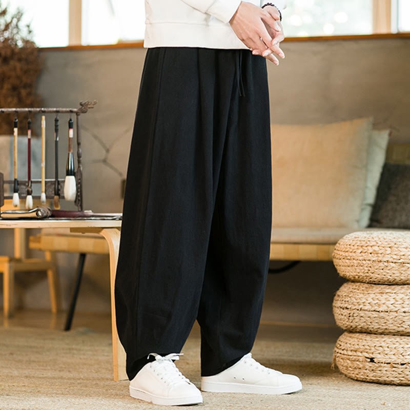 Solid Color Cotton Linen Drawstring Men's Harem Pants With Pockets