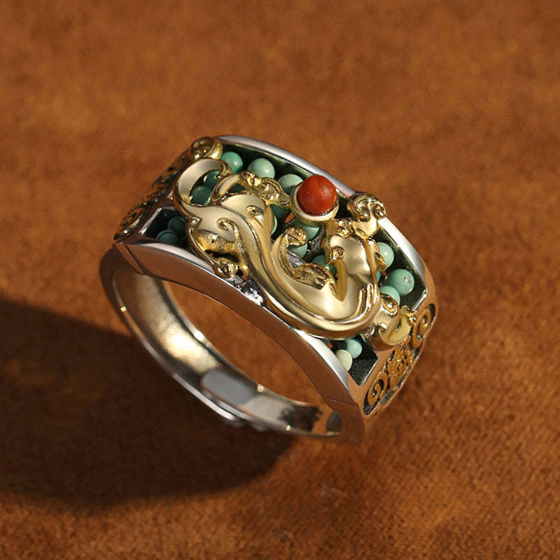925 Sterling Silver Turquoise Red Agate PiXiu Abacus Protection Ring