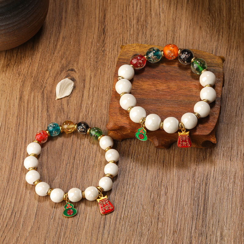 Tibetan Incense Ash Porcelain Luminous Fluorescent Liuli Glass Bead Gourd Copper Coin Charm Peace Bracelet