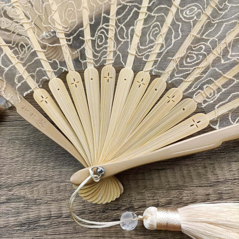 Rose Embroidery Lace Shell Shape Tassels Handheld Bamboo Folding Fan