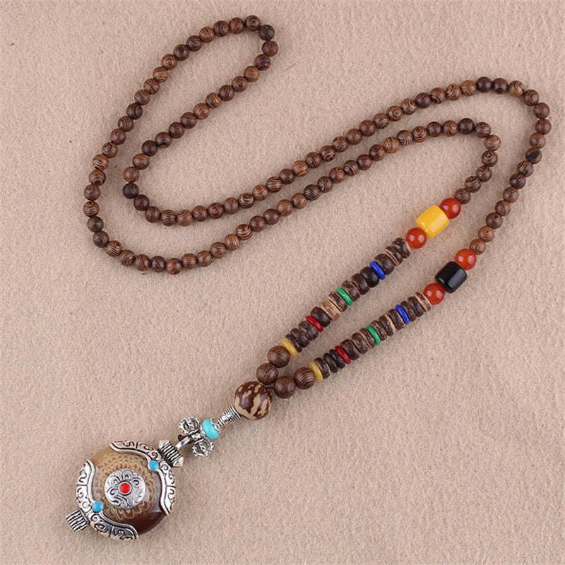 Tibetan Wenge Wood Bodhi Seed Agate Elephant Protection Necklace Pendant