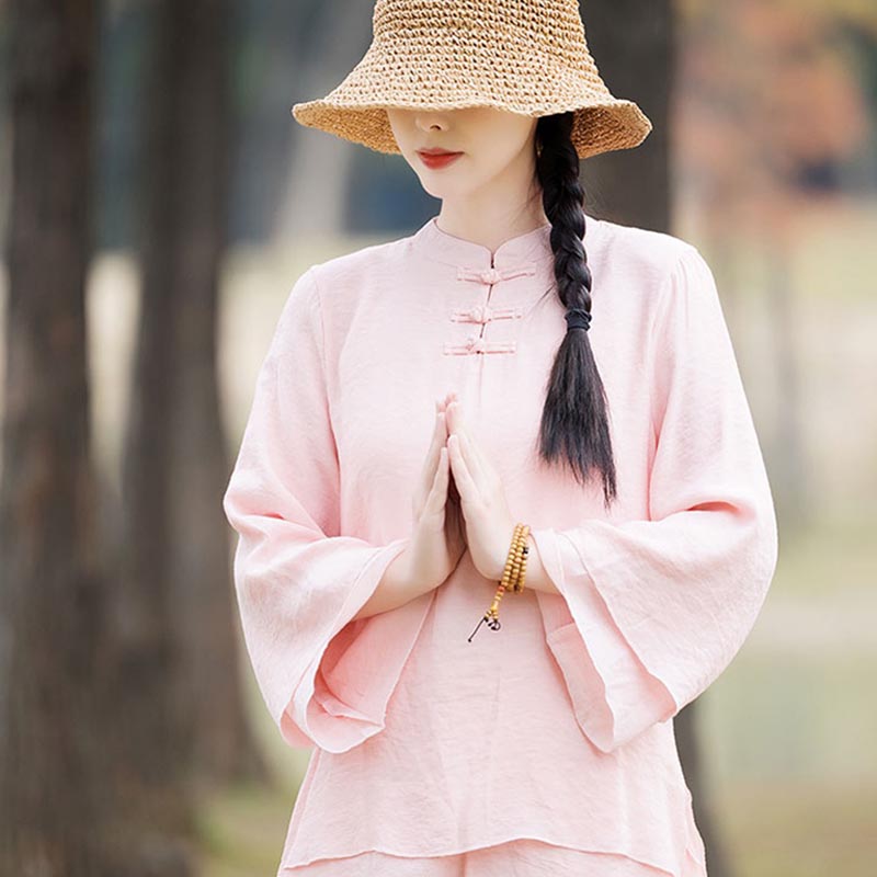 2Pcs Plain Design Top Pants Meditation Yoga Zen Tai Chi Cotton Linen Clothing Women's Set