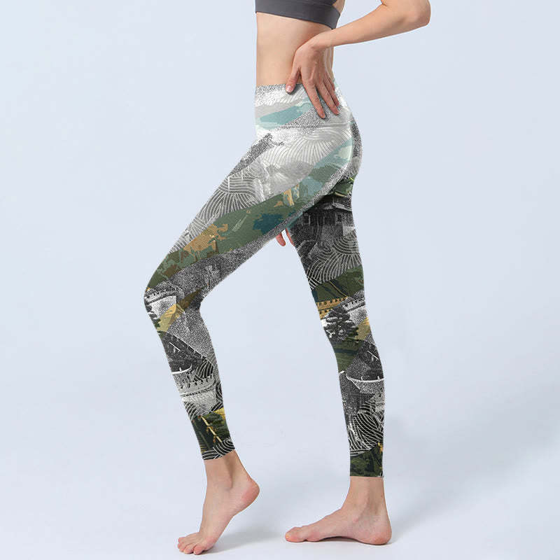 Ancient Style Great Wall Print Sports Fitness Leggings Women's Yoga Pants