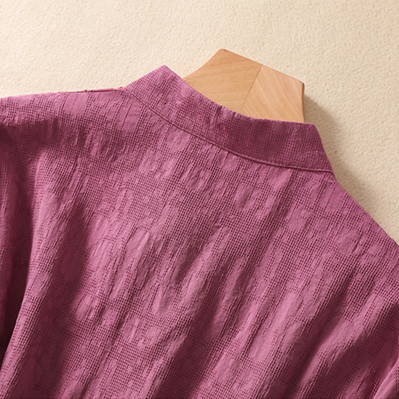 Plum Blossom Embroidery Frog-Button Short Sleeve Cotton Linen Shirt