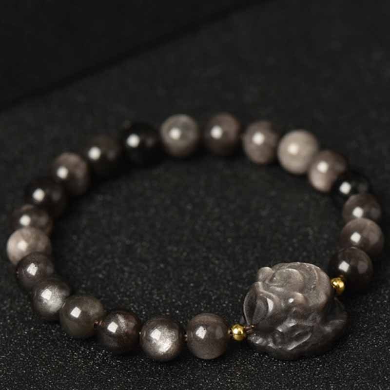 Silver Sheen Obsidian Lotus Flower Nine Tailed Fox Laughing mystic zen Protection Bracelet