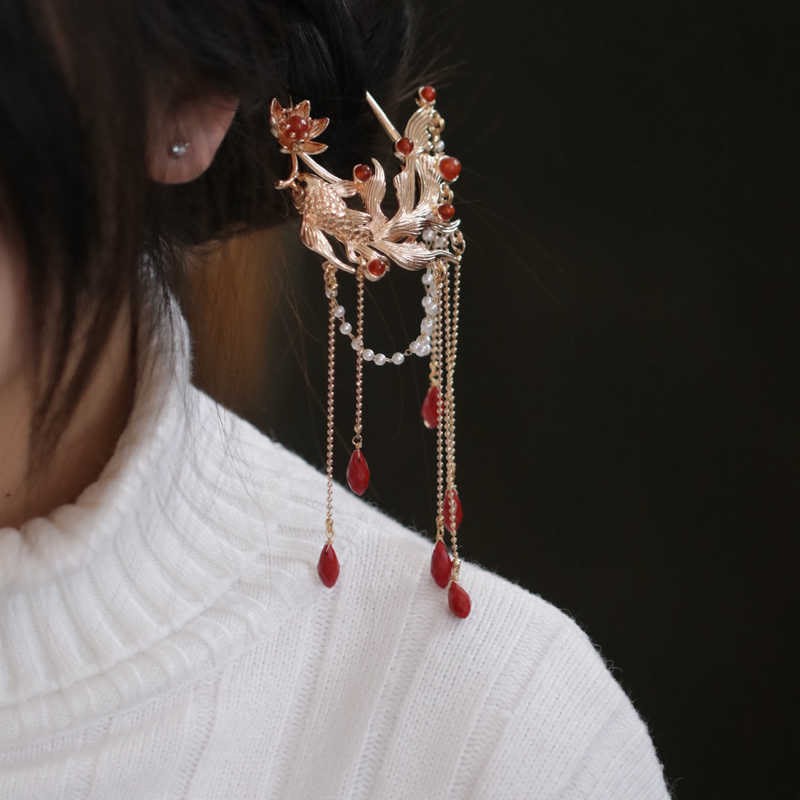 Chinese Style Koi Fish Flower Tassel Red Agate Copper Gold Plated Hairpin Hair Comb