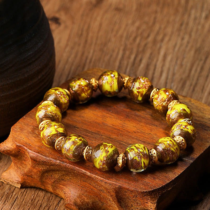 Gold Swallowing Beast Family Charm Liuli Glass Bead Fortune Bracelet